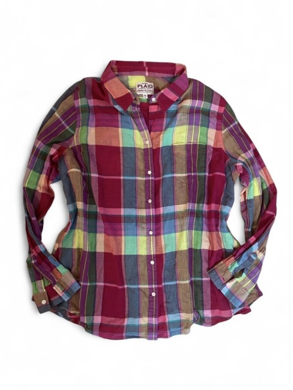 Old Navy Colorful Button Down Boyfriend Shirt Rainbow Plaid Top 100% Cotton, XXL